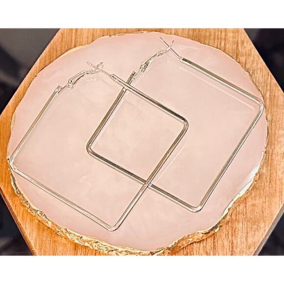 Minimalist Square “Hoop” Silver Tone Earrings - Picture 2 of 5